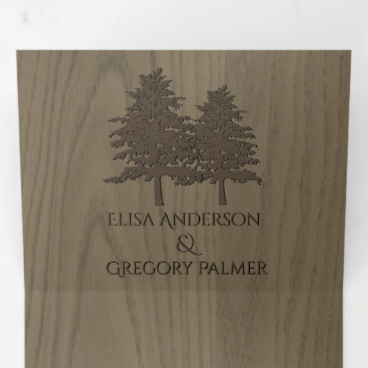 セピアエンボスの冬の結婚式の茶色の木 三つ折り招待状 (内部最初)