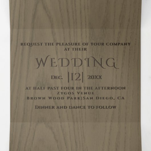 セピアエンボスの冬の結婚式の茶色の木 三つ折り招待状 (内部中)