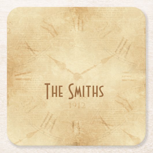 セピアクロック顔スチームパンク スクエアペーパーコースター (正面)