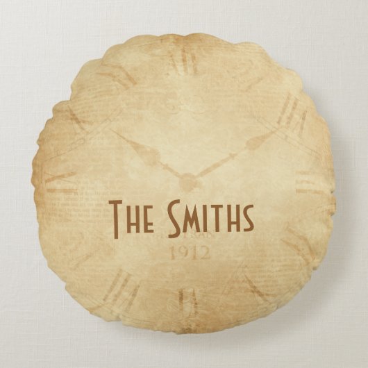 セピアクロック顔スチームパンク ラウンドクッション (正面)