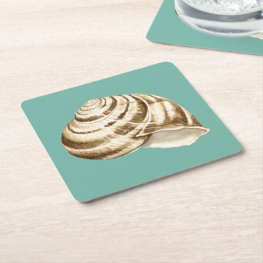 セピアストライプのシェルオンティール(緑がかった色) スクエアペーパーコースター (アングル)