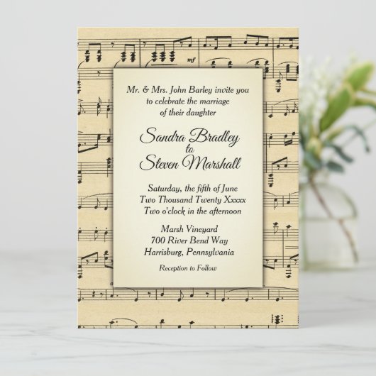 セピアトーンアンティークシートミュージックテーマ結婚ズ 招待状 (スタンド正面)