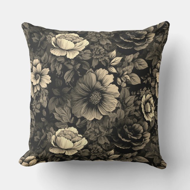 セピアトーンヴィンテージフローラプリント アウトドアクッション (正面)