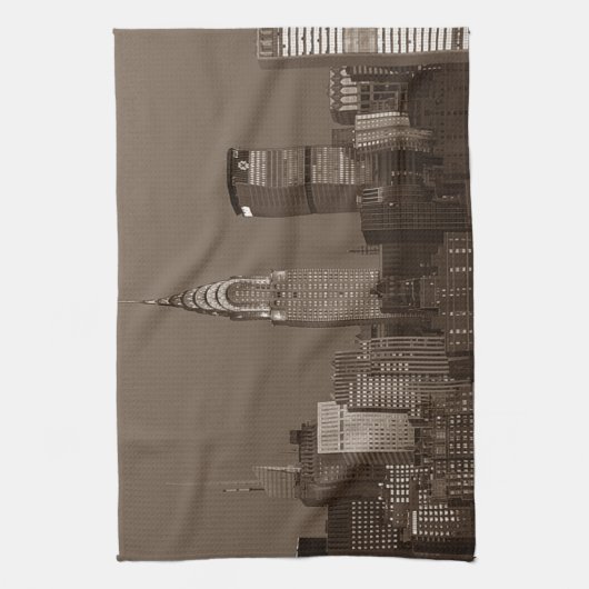 セピアニューヨークシティスカイライン キッチンタオル (縦)