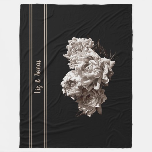 セピアパーソナライズされた牡丹ラージサイズブラック フリースブランケット (正面)