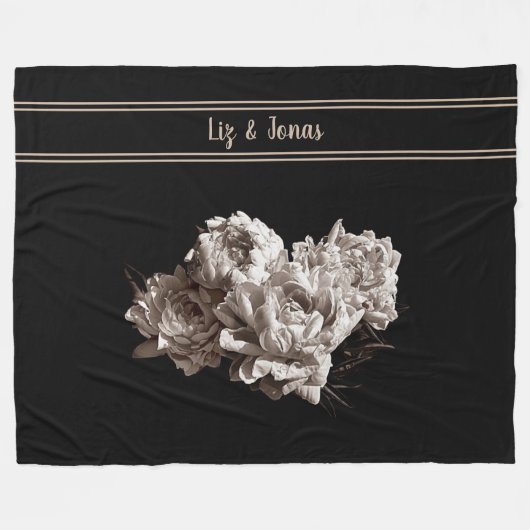セピアパーソナライズされた牡丹ラージサイズブラック フリースブランケット (正面(横))