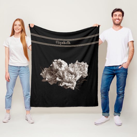 セピアパーソナライズされた牡丹黒中サイズ フリースブランケット (インサイチュ)