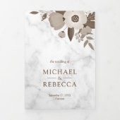 セピアブラウンフローラホワイトマーブルフォト結婚ズ 三つ折り招待状 (カバー)