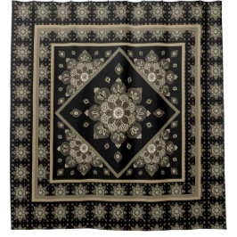 セピアメダリオンズオンブラックシャワーカーテン シャワーカーテン