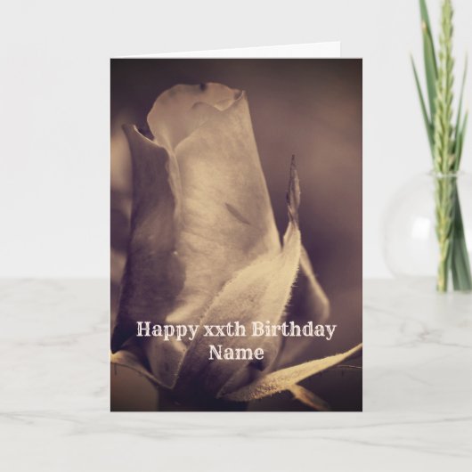 セピアローズブドフラワーパーソナライズされた誕生日カード カード (正面)