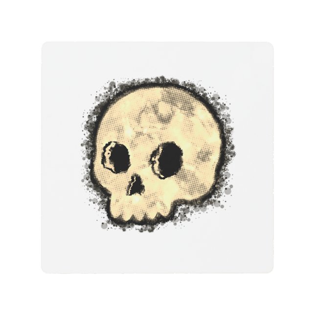 セピア点々のあるハーフトーンスカル水色 メタルプリント (正面)