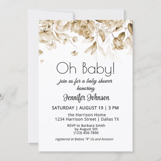 セピア男女兼用ヴィンテージ花模様ベビーシャワー 招待状 (正面)
