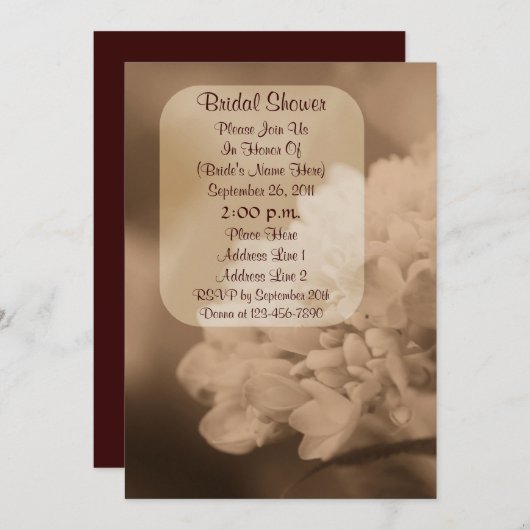 セピア色のアジサイの花のブライダルシャワーの招待 招待状 (正面/裏面)