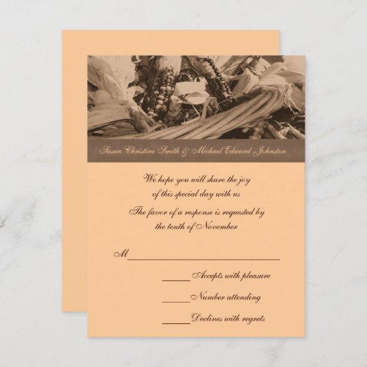 セピア色のトウモロコシのバスケットの結婚式の応答RSVP 出欠カード (正面/裏面)