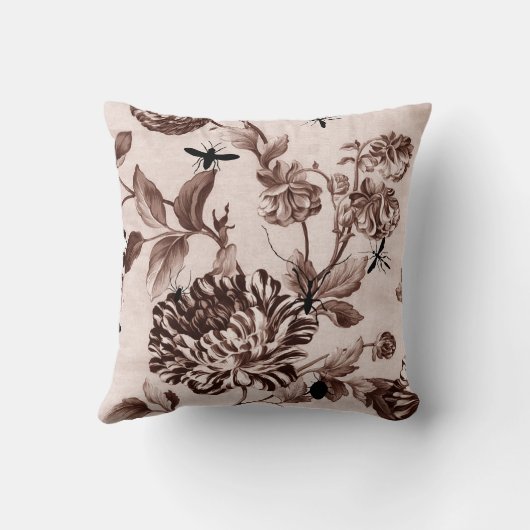 セピア色のブラウンのヴィンテージの植物の虫の花柄Toile クッション (裏面)