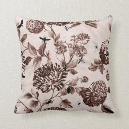 セピア色のブラウンのヴィンテージの植物の虫の花柄Toile クッション