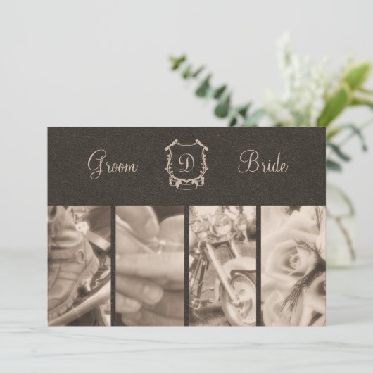 セピア色の写真撮影のバイクもしくは自転車に乗る人の結婚式招待状 招待状 (スタンド正面)