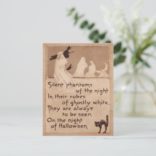 セピア色の幽霊の魔法使いの黒猫の三日月の月 ポストカード (スタンド正面)