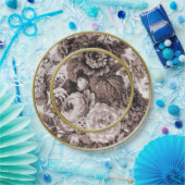 セピア色の調子の金の指輪のブラウンの花柄Toile ペーパープレート (パーティー)