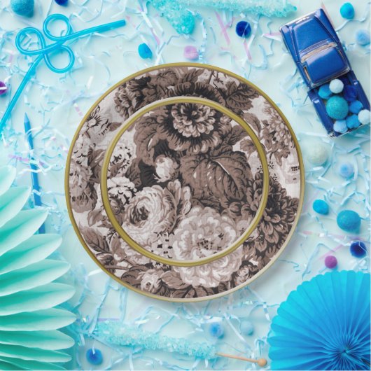 セピア色の調子の金の指輪のブラウンの花柄Toile ペーパープレート (パーティー)