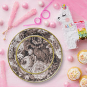 セピア色の調子の金の指輪のブラウンの花柄Toile ペーパープレート (パーティー)