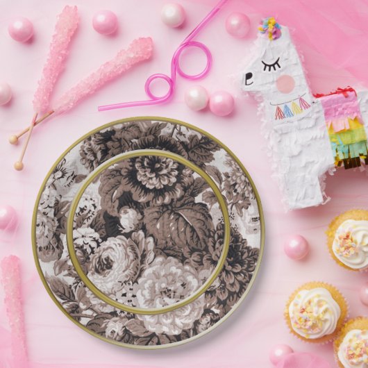 セピア色の調子の金の指輪のブラウンの花柄Toile ペーパープレート (パーティー)