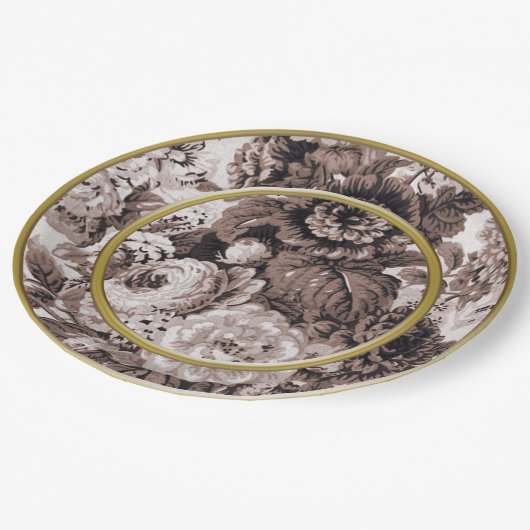 セピア色の調子の金の指輪のブラウンの花柄Toile ペーパープレート (アングル)