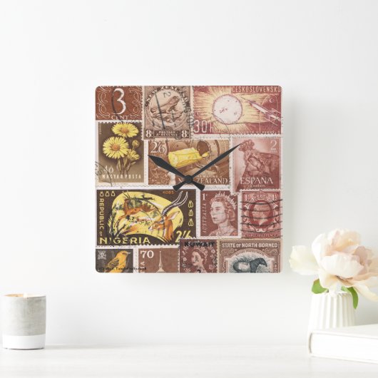 セピア茶色の金ゴールドウォールクロック、切手アート スクエア壁時計 (ホーム)