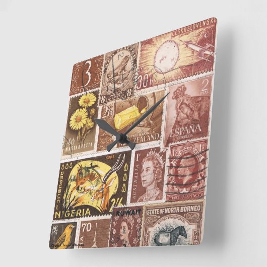 セピア茶色の金ゴールドウォールクロック、切手アート スクエア壁時計 (傾斜)