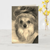 セピア誕生日カードでウィッグを着たチワワ カード (黄色い花)