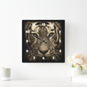 セピア調でうなるタイガー顔 スクエア壁時計 (ホーム)