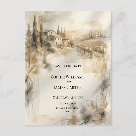 セピア調のハイランドマナーモチーフのSave The Date ポストカード (正面)