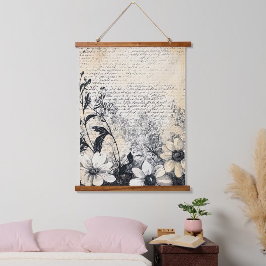 セピア調のワイルドフラワーの古写本の植物画 吊り下げ型タペストリー (寝室)