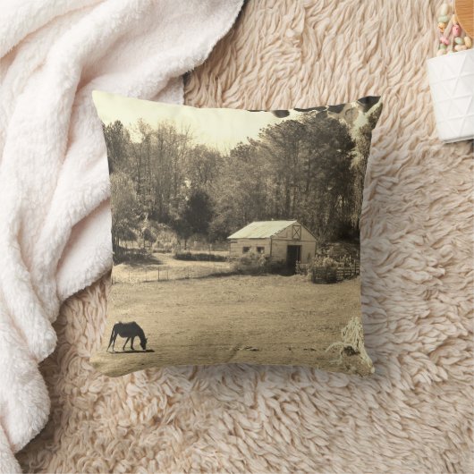 セピア調の花付き茶色の馬の写真 クッション (ブランケット)