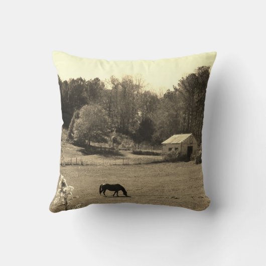 セピア調の花付き茶色の馬の写真 クッション (裏面)