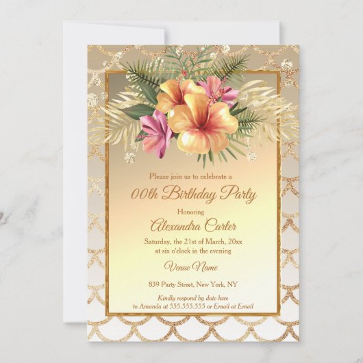 セピア金ゴールドピンクハイビスカスフローラ誕生日パーティー 招待状 (正面)