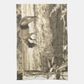 セピア音茶色の馬とフェンス キッチンタオル (縦)