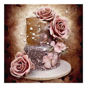 セピア&ヴィンテージピンクローズ結婚ズケーキ フォトプリント