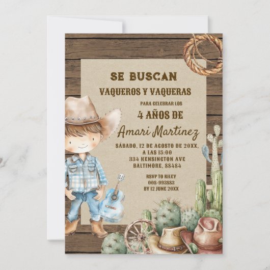 セブスカントウェスタンスペインのカウボーイ誕生日 招待状 (正面)