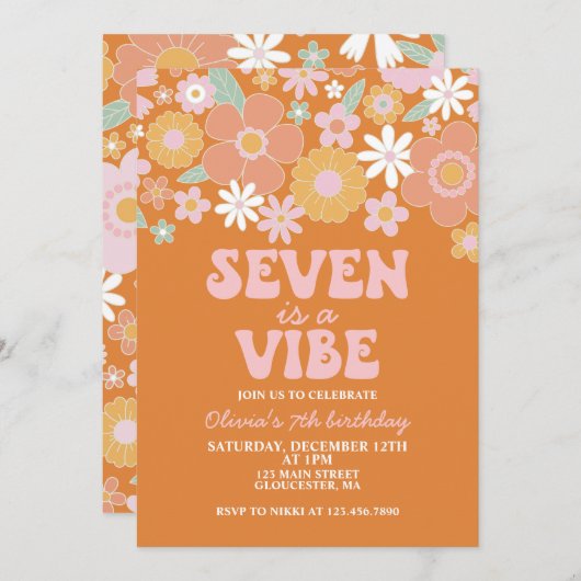 セブンはヴィビーグルービーレトロフローラ7歳の誕生日 招待状 (正面/裏面)