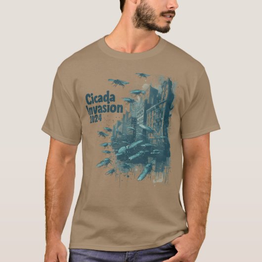 セミの侵略 2024 都市破壊 おもしろ Tシャツ (正面)