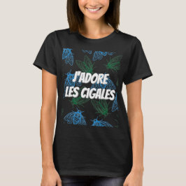 セミの植物画イラスト パターン 黒 フランス Tシャツ