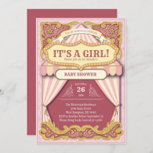 セミカーニバルガールベビーシャワーピンクビッグトップ 招待状 (正面/裏面)