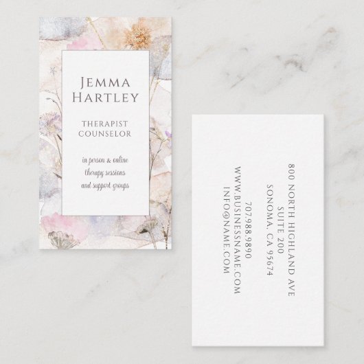 セラピストカウンセラー穏やかな花の水彩洗剤 名刺 (正面/裏面)