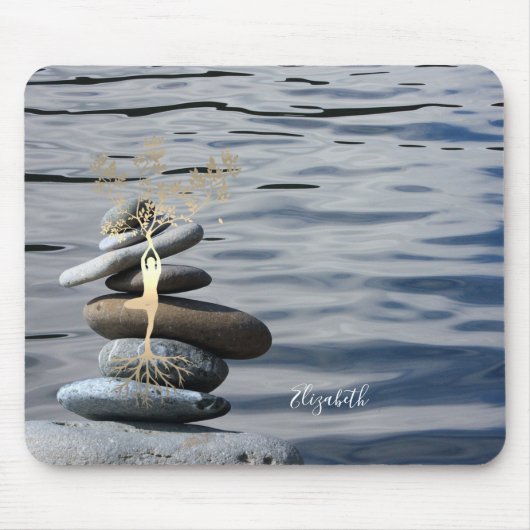 セラピスト禅石、金ゴールドツリーシルエット、海 マウスパッド (正面)