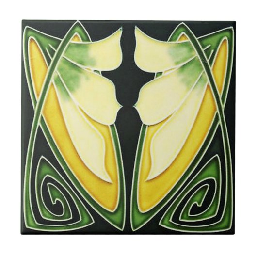 セラミックアールヌーボースタイルグリーンとイエロー タイル (正面)