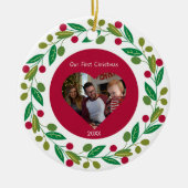 セラミックオーナメント – 当社の初めてのクリスマス – 写真/日付 (正面)