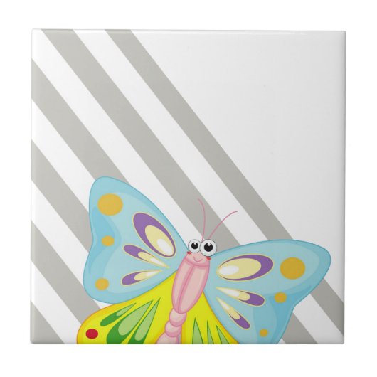 セラミックタイルストライプグレー&ホワイトストライプバタフライ タイル (正面)