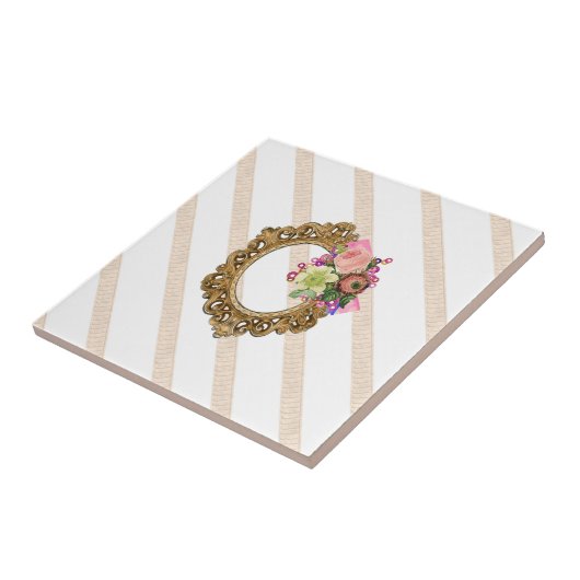 セラミックタイルストライプベージュ&ホワイトストライプヴィンテージ タイル (側面)