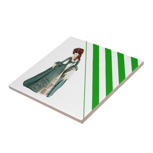 セラミックタイルストライプヴィンテージグリーン&ホワイトストライプタイル タイル (側面)